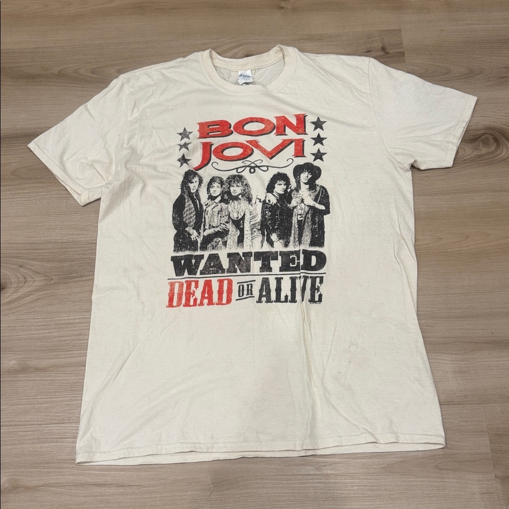 Gildan Softstyle XL classic print Jon Bon Jovi Wanted Dead or Alive Cream TShirt